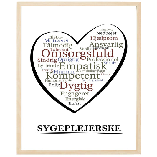 En plakat med overskriften Sygeplejerske, et hjerte og indeni hjertet mange positive ord som beskriver en Sygeplejerske