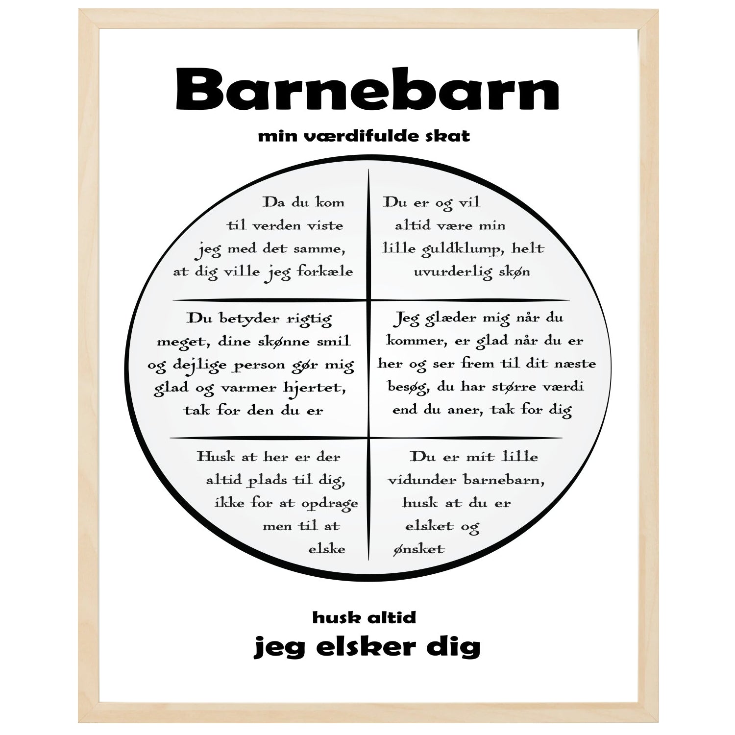 En plakat med overskriften Barnebarn, en rustik cirkel og indeni cirklen mange positive sætninger som beskriver en Barnebarn