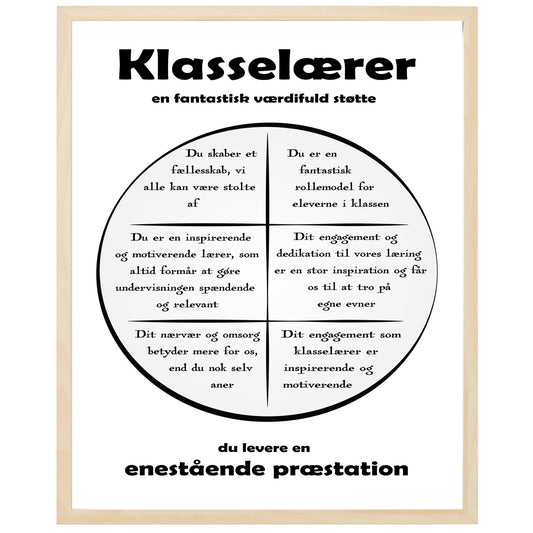 En plakat med overskriften Klasselærer, en rustik cirkel og indeni cirklen mange positive sætninger som beskriver en Klasselærer