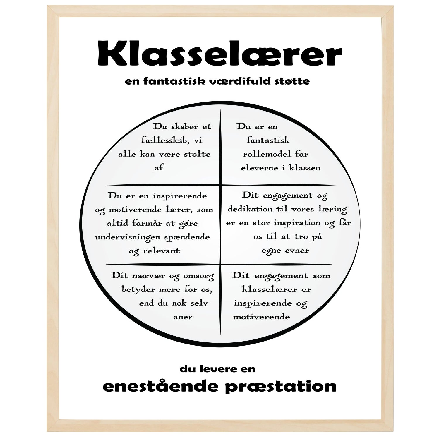 En plakat med overskriften Klasselærer, en rustik cirkel og indeni cirklen mange positive sætninger som beskriver en Klasselærer