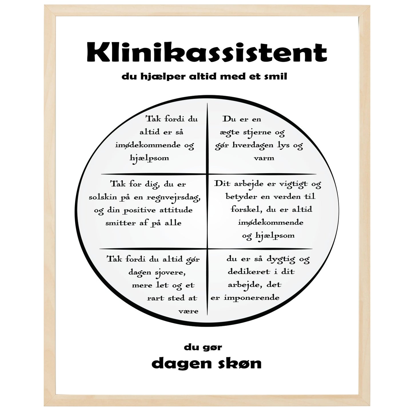 En plakat med overskriften Klinikassistent, en rustik cirkel og indeni cirklen mange positive sætninger som beskriver en Klinikassistent