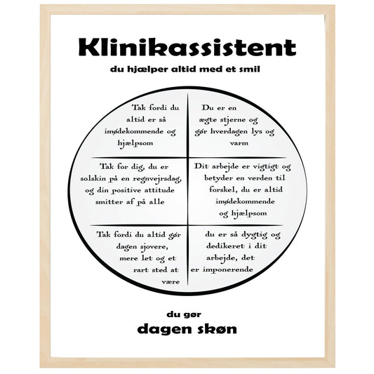 En plakat med overskriften Klinikassistent, en rustik cirkel og indeni cirklen mange positive sætninger som beskriver en Klinikassistent