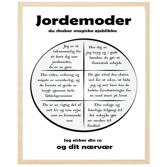 En plakat med overskriften Jordemoder, en rustik cirkel og indeni cirklen mange positive sætninger som beskriver en Jordemoder