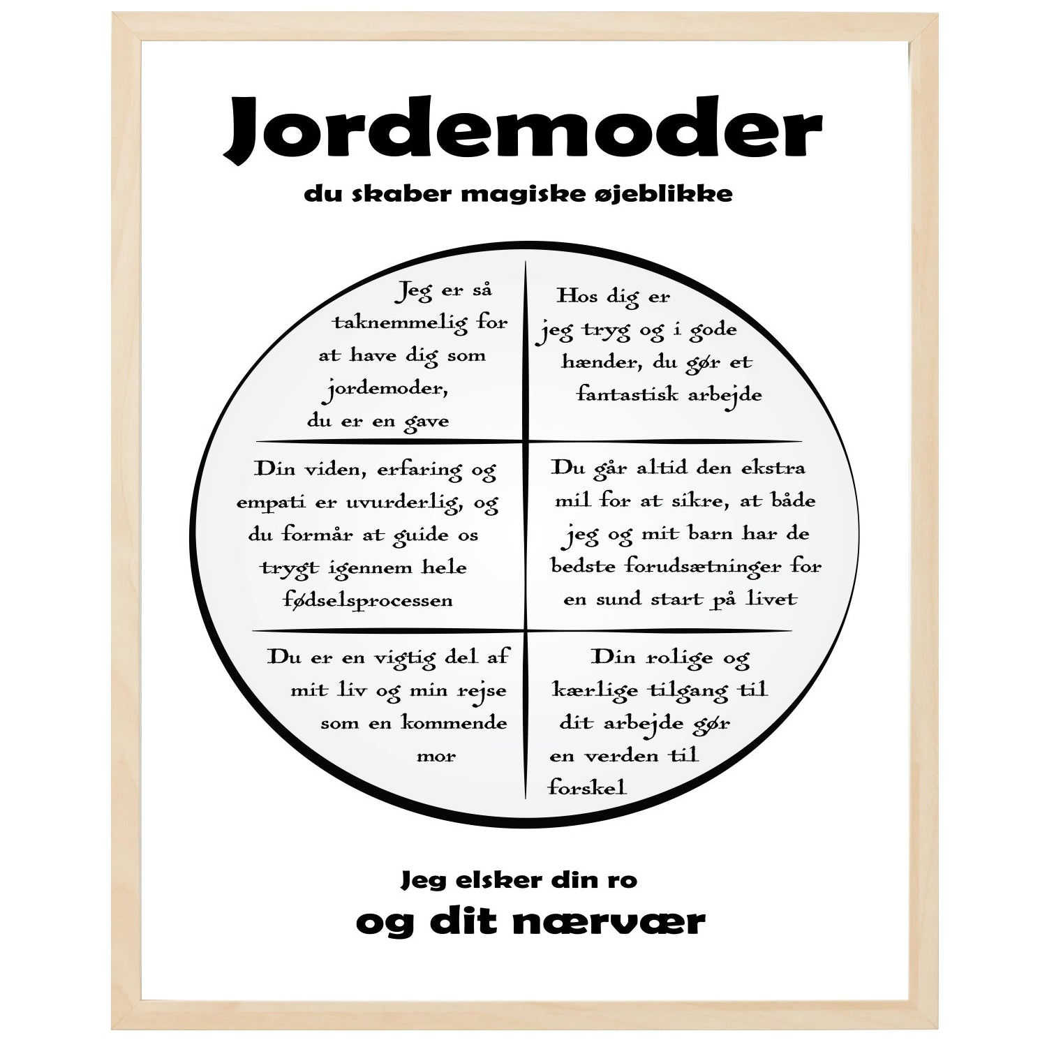 En plakat med overskriften Jordemoder, en rustik cirkel og indeni cirklen mange positive sætninger som beskriver en Jordemoder