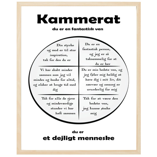 En plakat med overskriften Kammerat, en rustik cirkel og indeni cirklen mange positive sætninger som beskriver en Kammerat