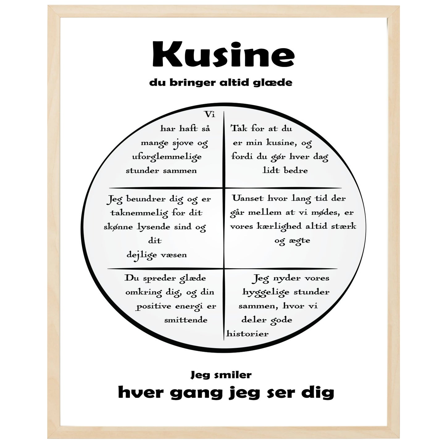 En plakat med overskriften Kusine, en rustik cirkel og indeni cirklen mange positive sætninger som beskriver en Kusine