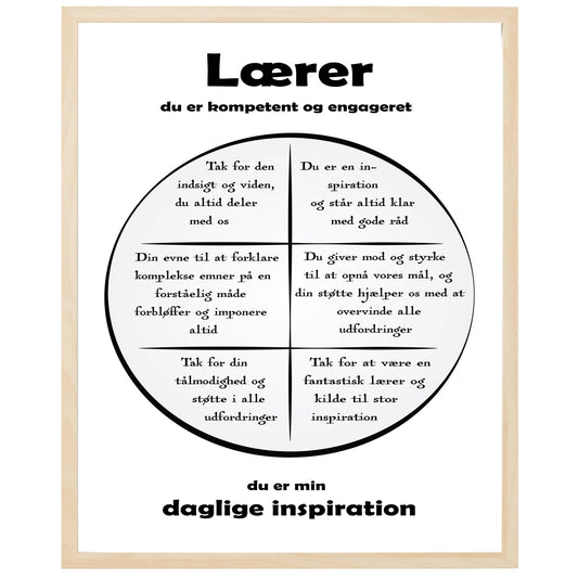 En plakat med overskriften Lærer, en rustik cirkel og indeni cirklen mange positive sætninger som beskriver en Lærer