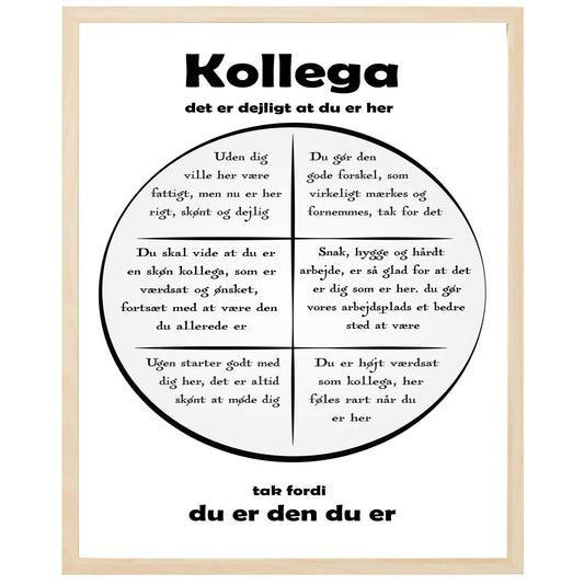En plakat med overskriften Kollega, en rustik cirkel og indeni cirklen mange positive sætninger som beskriver en Kollega