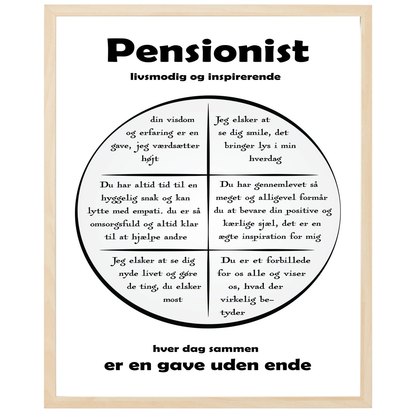 En plakat med overskriften Pensionist, en rustik cirkel og indeni cirklen mange positive sætninger som beskriver en Pensionist