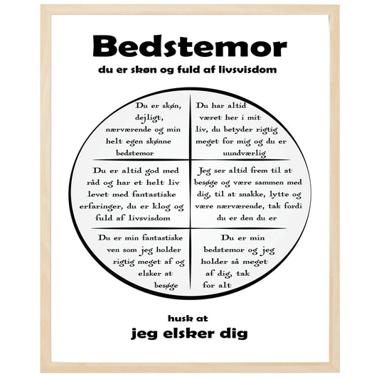 En plakat med overskriften Bedstemor, en rustik cirkel og indeni cirklen mange positive sætninger som beskriver en Bedstemor