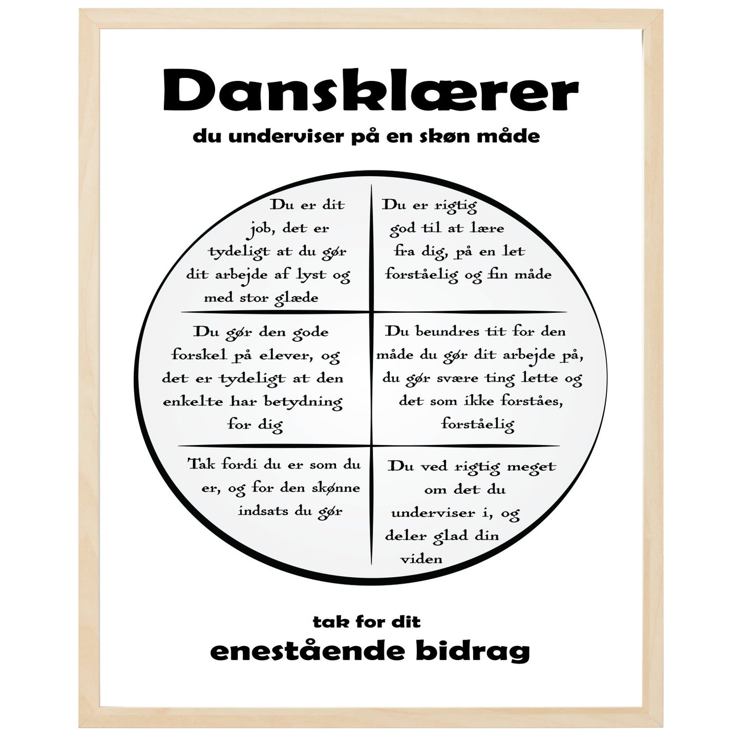 En plakat med overskriften Dansklærer, en rustik cirkel og indeni cirklen mange positive sætninger som beskriver en Dansklærer