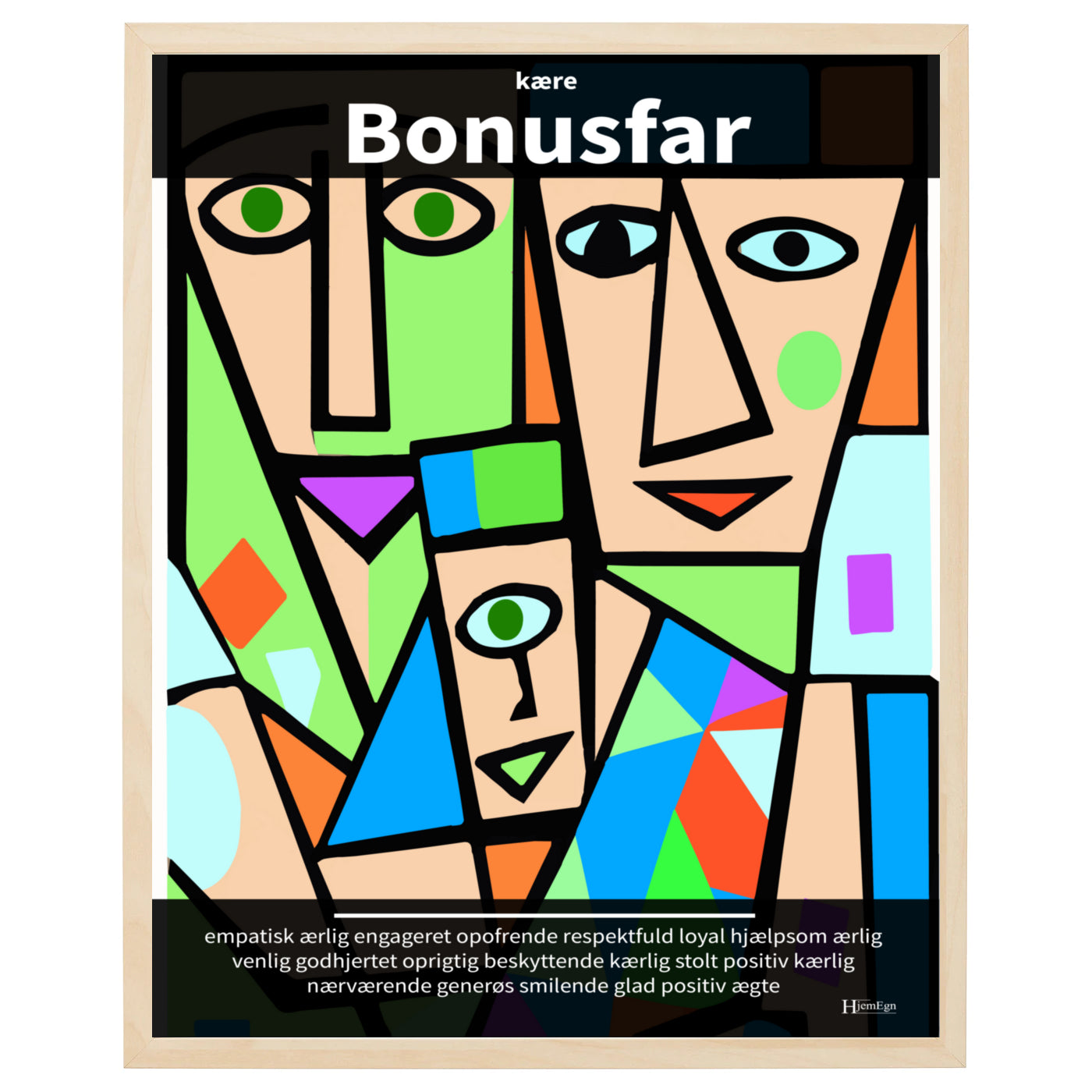 bonusfar plakat i farver, gengivende en dagplejer i abstrakt og moderne udtryk og med opmuntrende citater og ord om en bonusfar