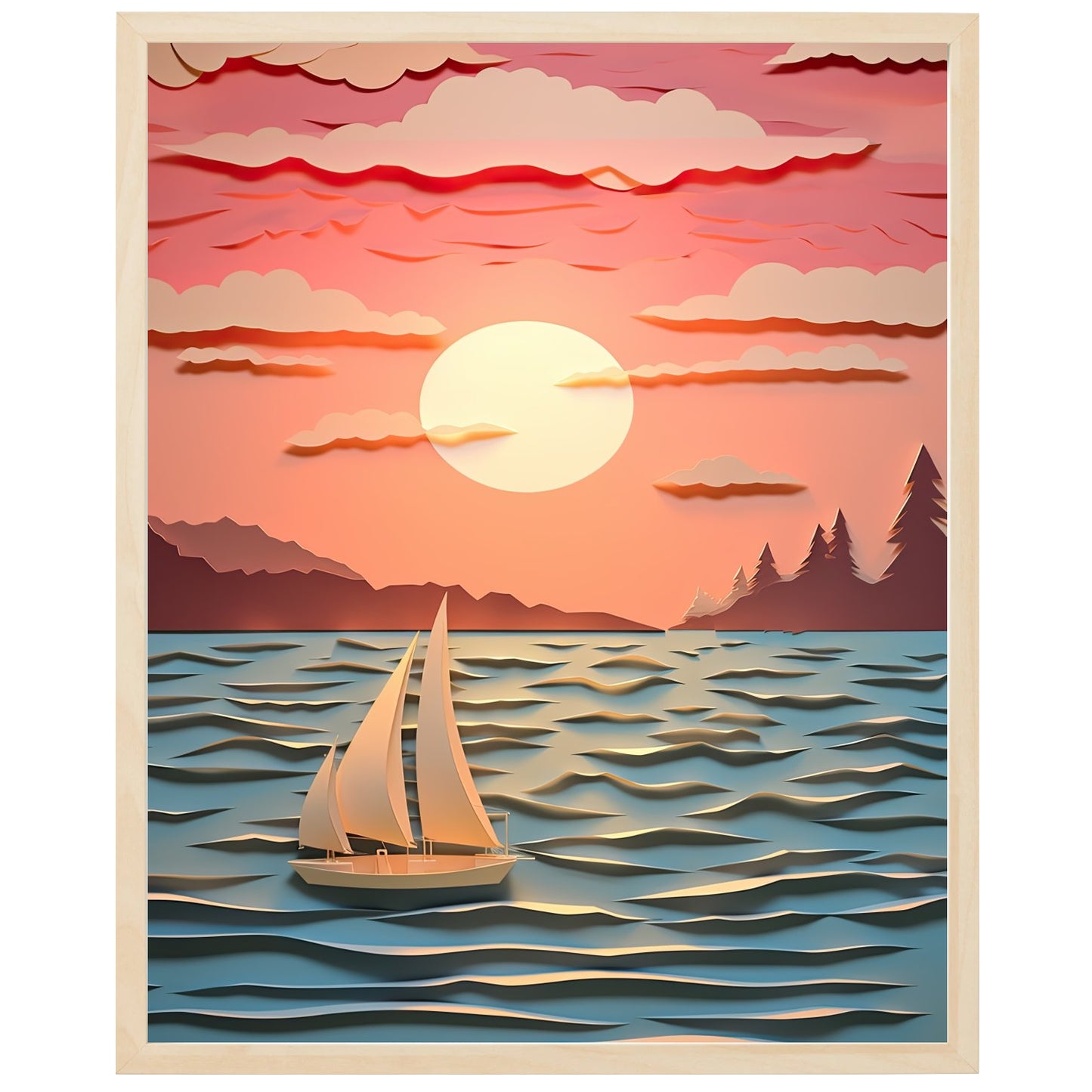 Solnedgang over havet med sejlbåde i horisonten skaber en smuk og rolig stemning med varme og strålende farver. Mørke silhuetter af sejlbådene tilføjer mystik og eventyr. Et øjeblik med æstetisk nydelse og rejselyst. Drøm dig væk til fjerne destinationer.