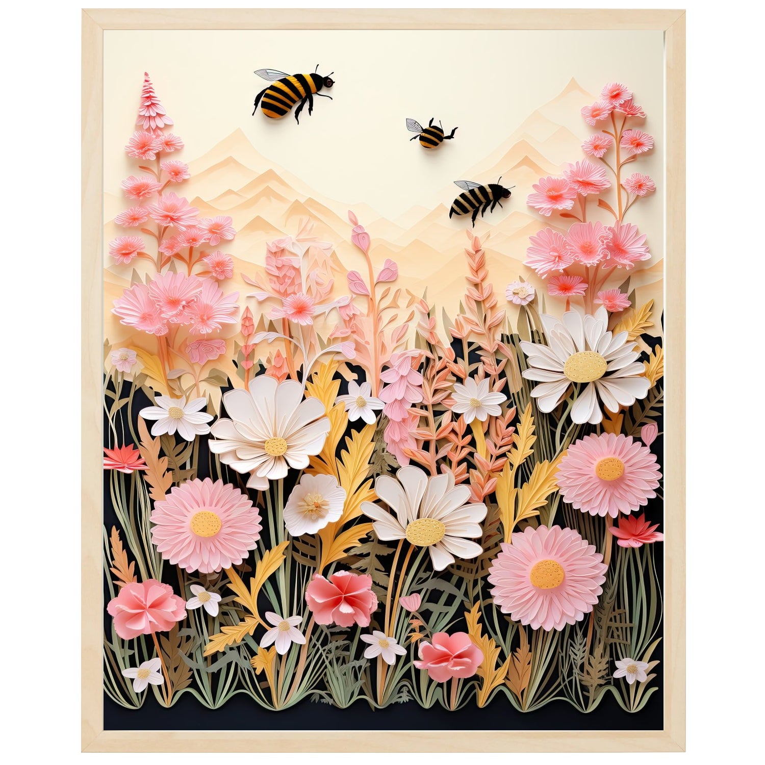 Billede af bier, der bestøver blomster på en åben mark, hvor der dyrkes afgrøder.