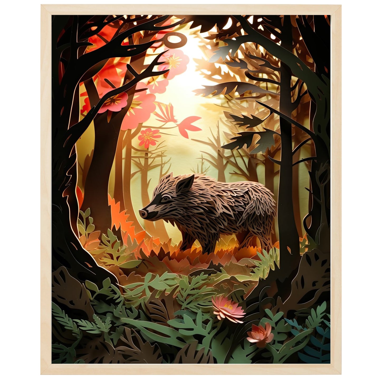 Billede af vildsvin, der søger føde i en skovlysnings helle. Vildsvinet skaber kontrast mellem mørkt skovområde og sollys.