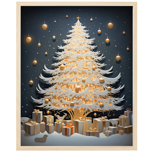 Et juletræ med blinkende lys og gaver, klar til at blive åbnet.