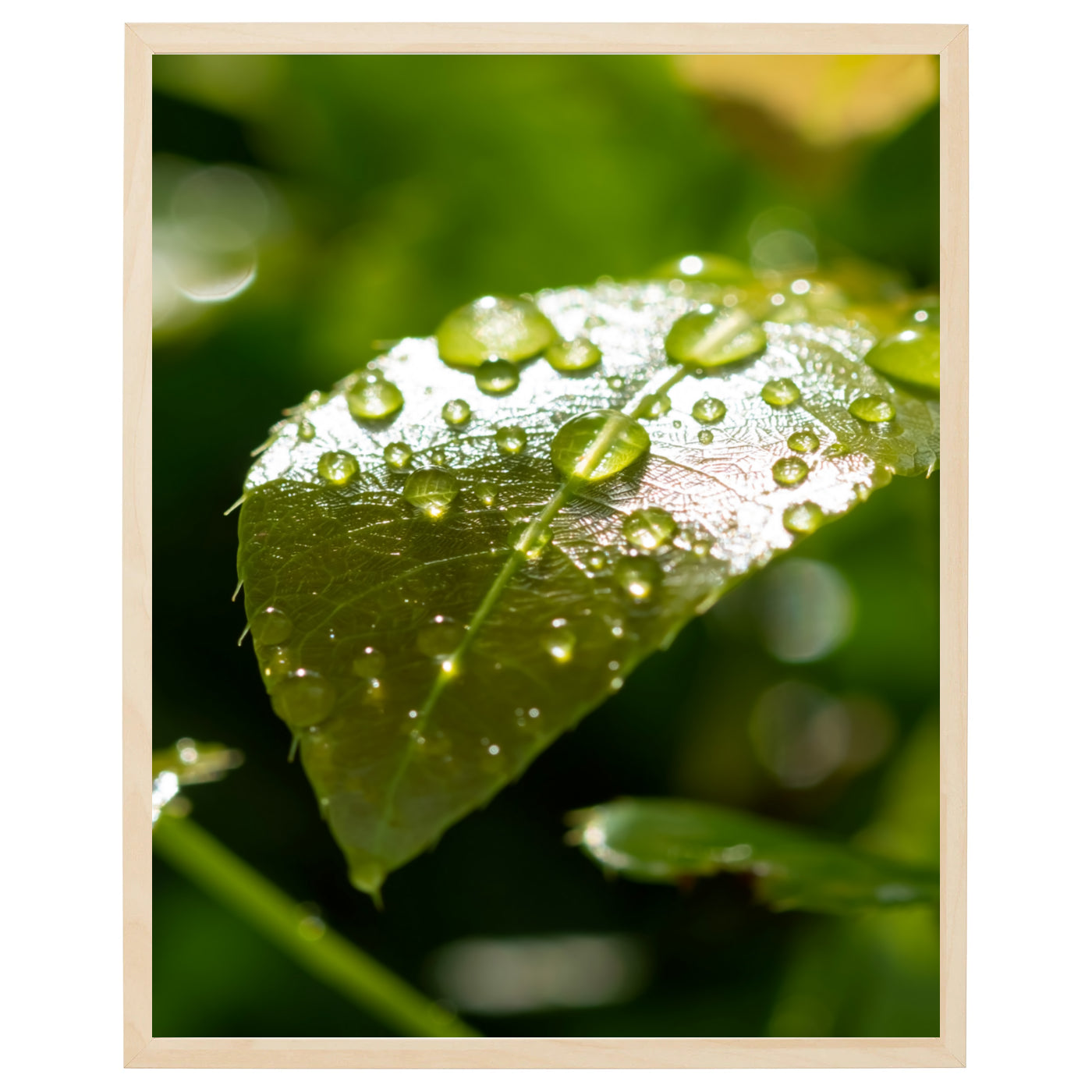 Et tæt billede af et grønt blad med dugdråber, hvor hver detalje af bladets struktur og form er fanget i billedet. Dugdråbernes glans skaber en magisk effekt, der fanger øjet.