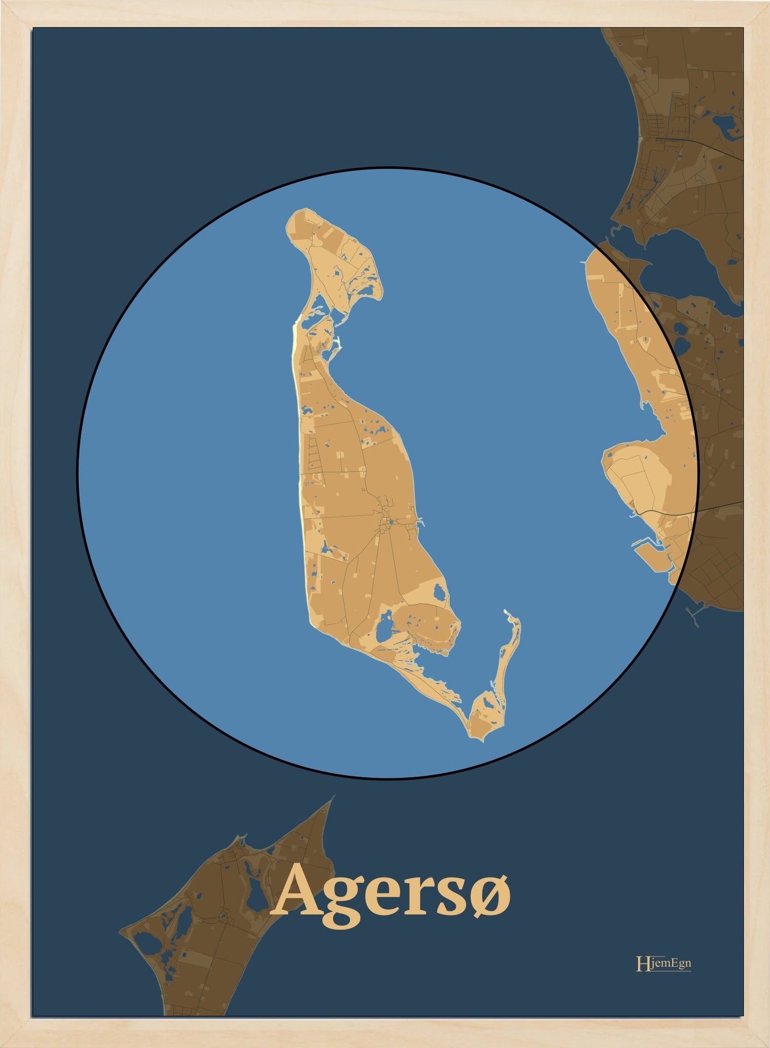 Agersø plakat i farve pastel brun og HjemEgn.dk design centrum. Design ø-kort for Agersø