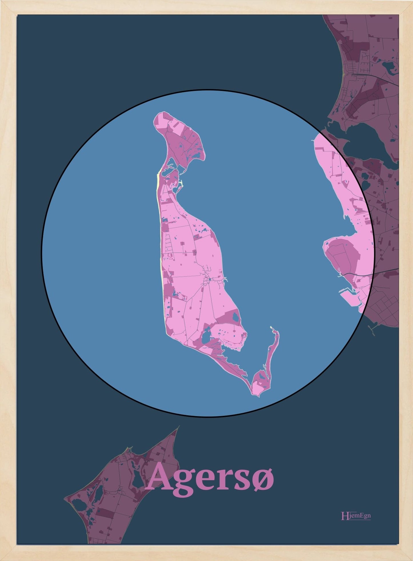 Agersø plakat i farve pastel rød og HjemEgn.dk design centrum. Design ø-kort for Agersø