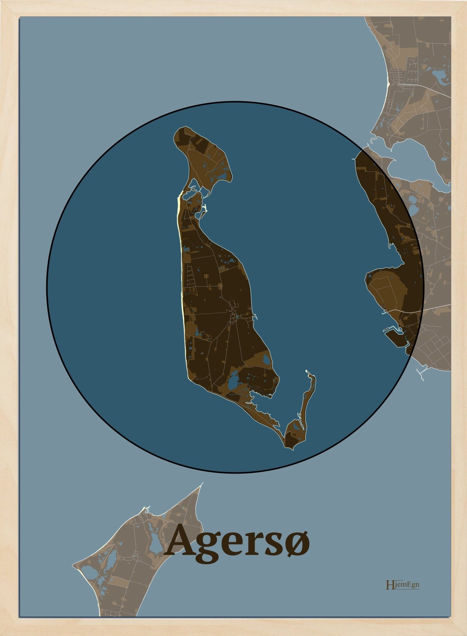 Agersø plakat i farve mørk brun og HjemEgn.dk design centrum. Design ø-kort for Agersø