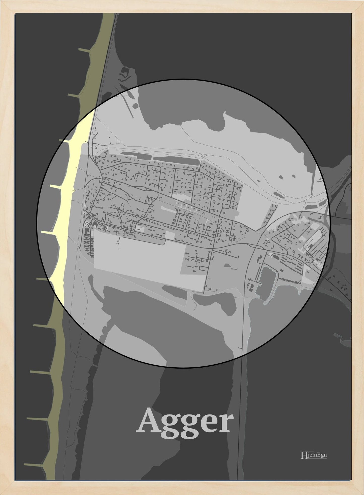 Agger plakat i farve pastel grå og HjemEgn.dk design centrum. Design bykort for Agger