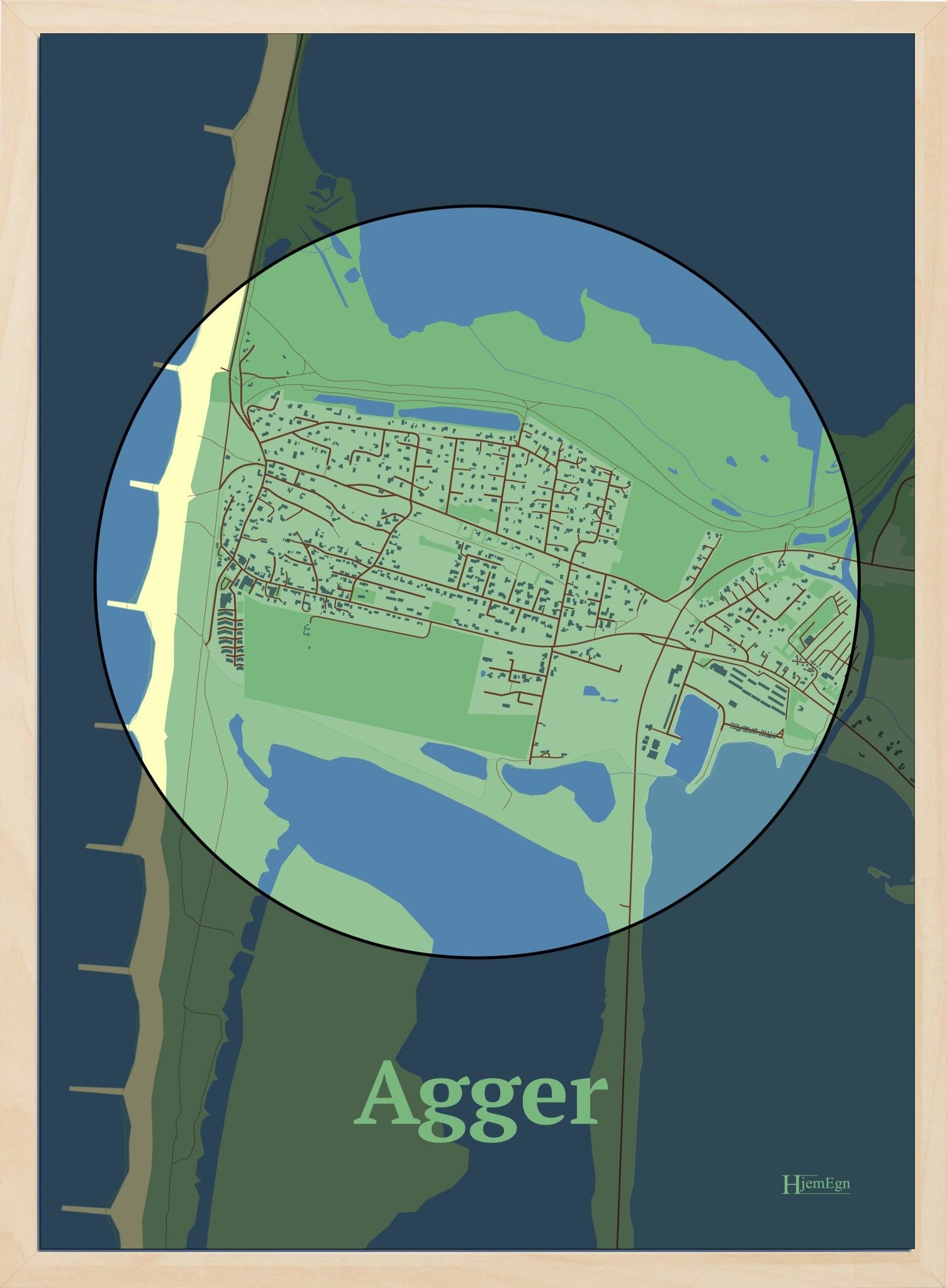 Agger plakat i farve pastel grøn og HjemEgn.dk design centrum. Design bykort for Agger
