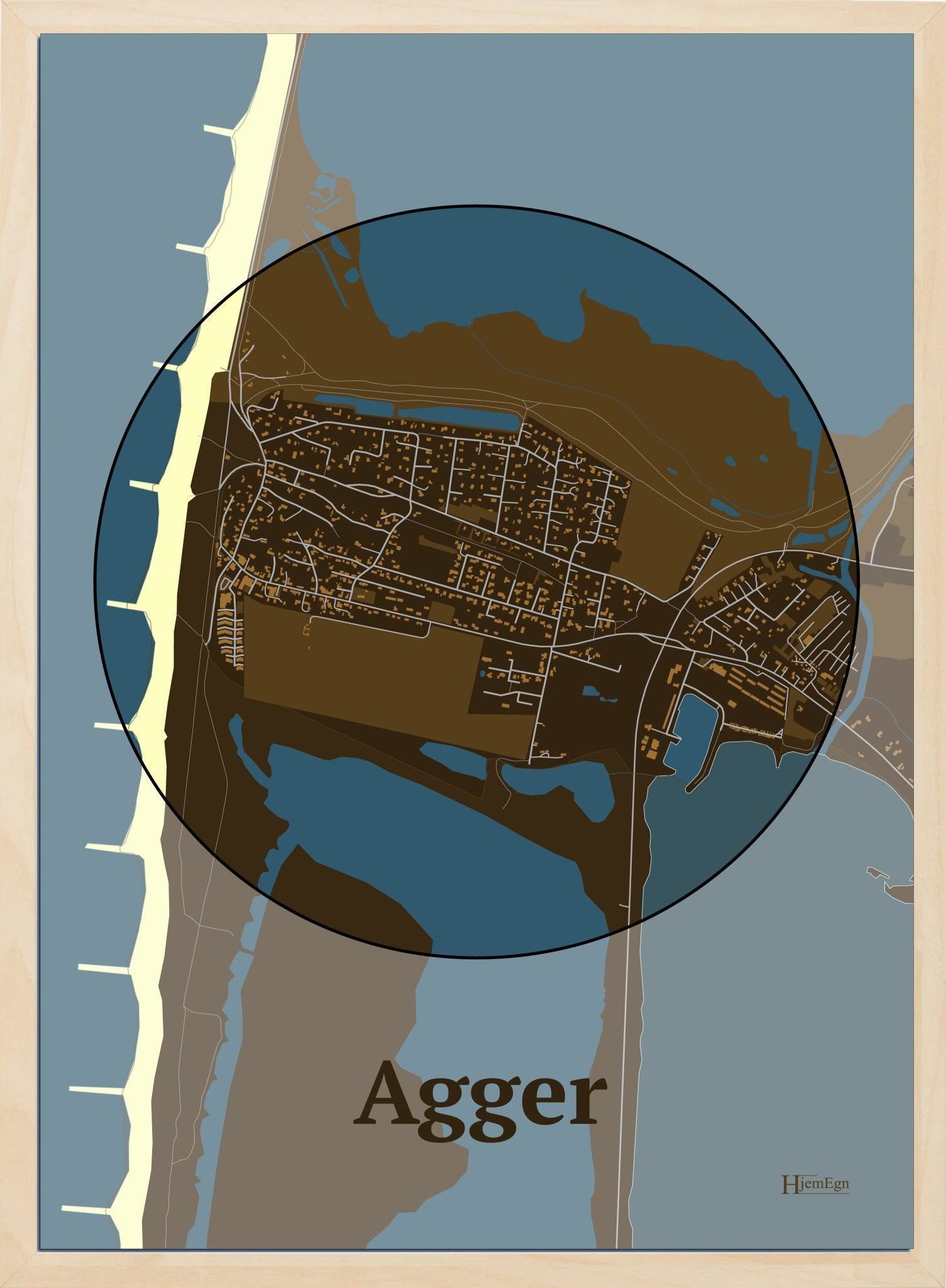 Agger plakat i farve mørk brun og HjemEgn.dk design centrum. Design bykort for Agger