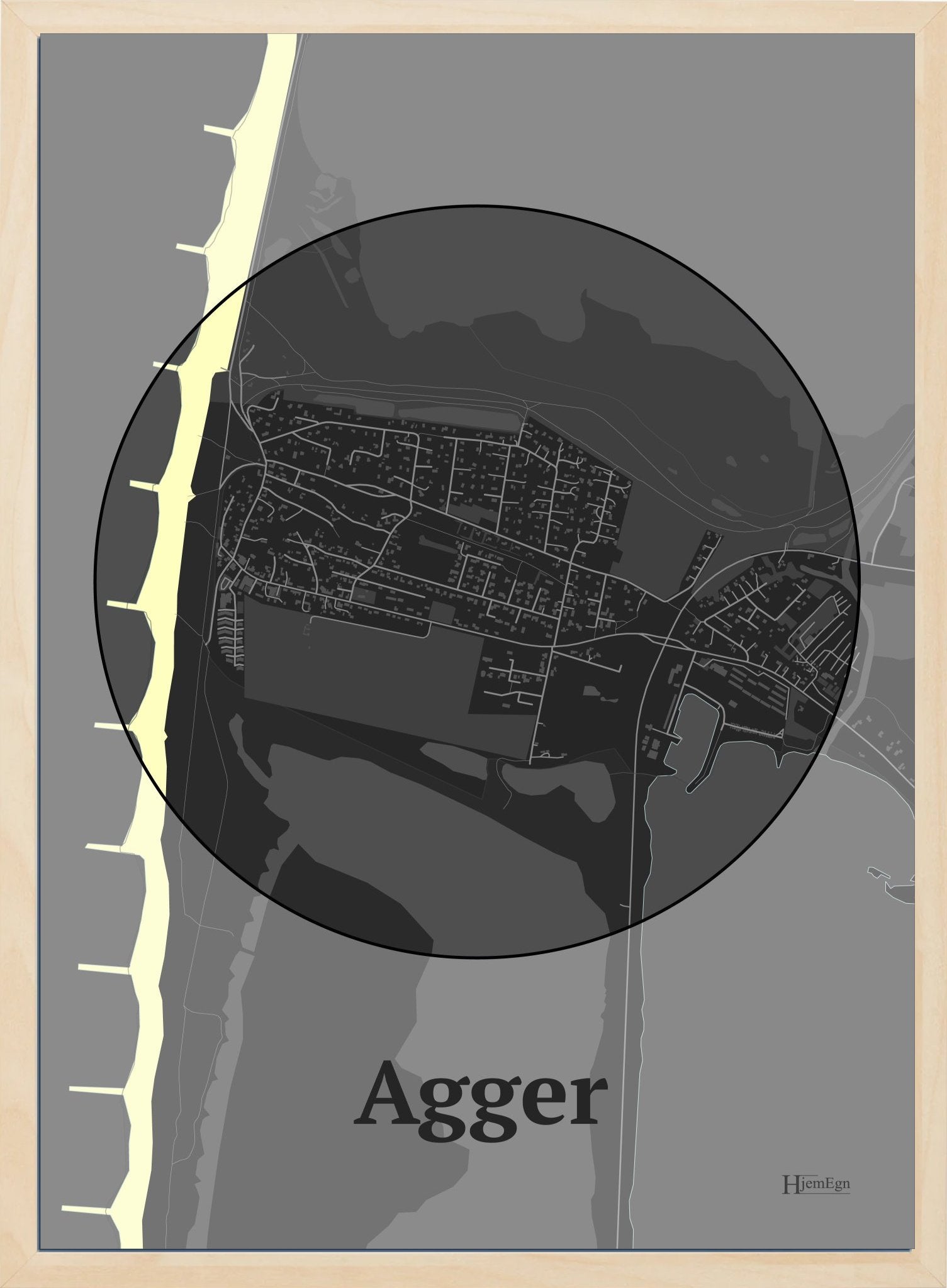 Agger plakat i farve mørk grå og HjemEgn.dk design centrum. Design bykort for Agger