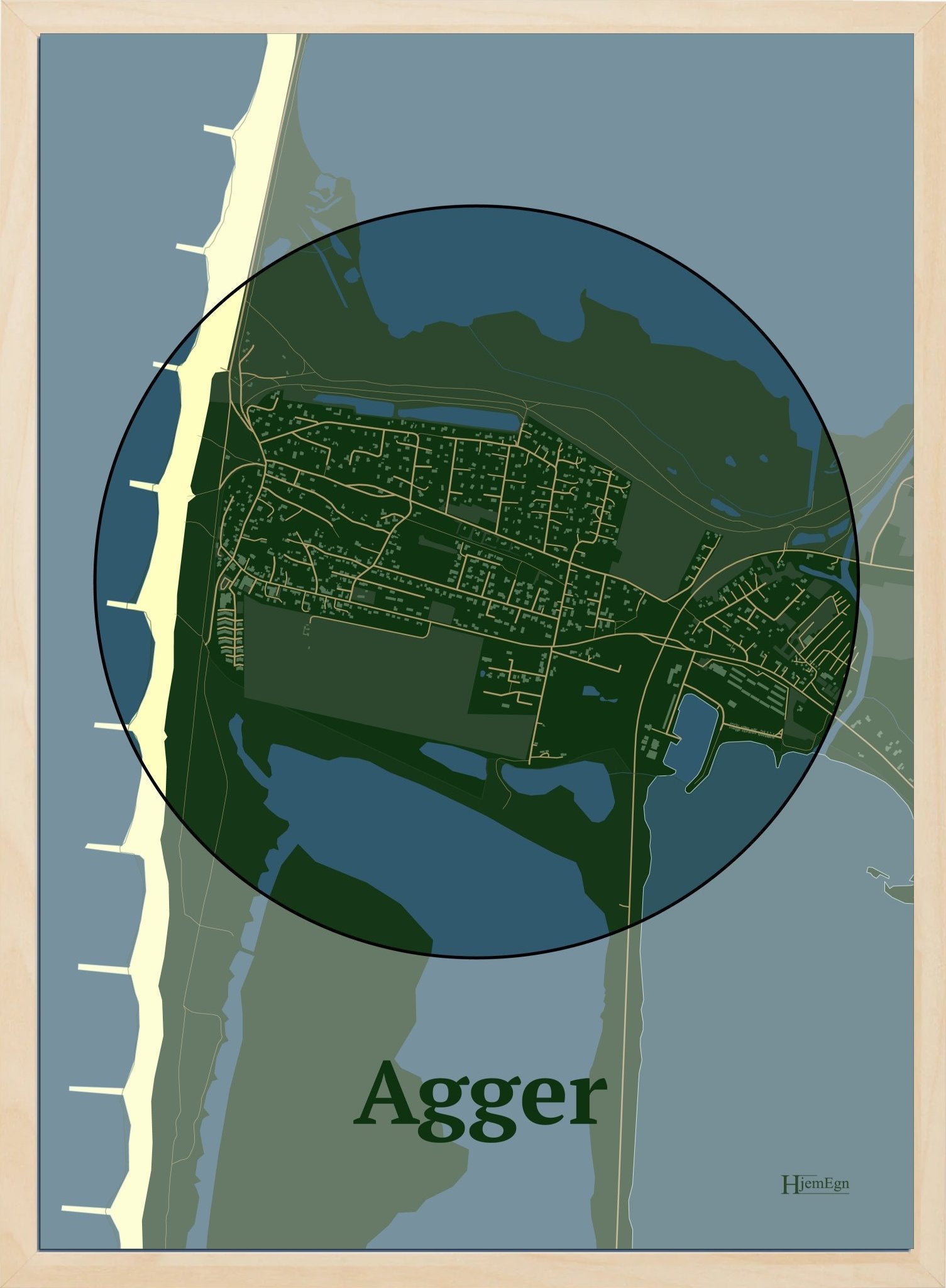Agger plakat i farve mørk grøn og HjemEgn.dk design centrum. Design bykort for Agger
