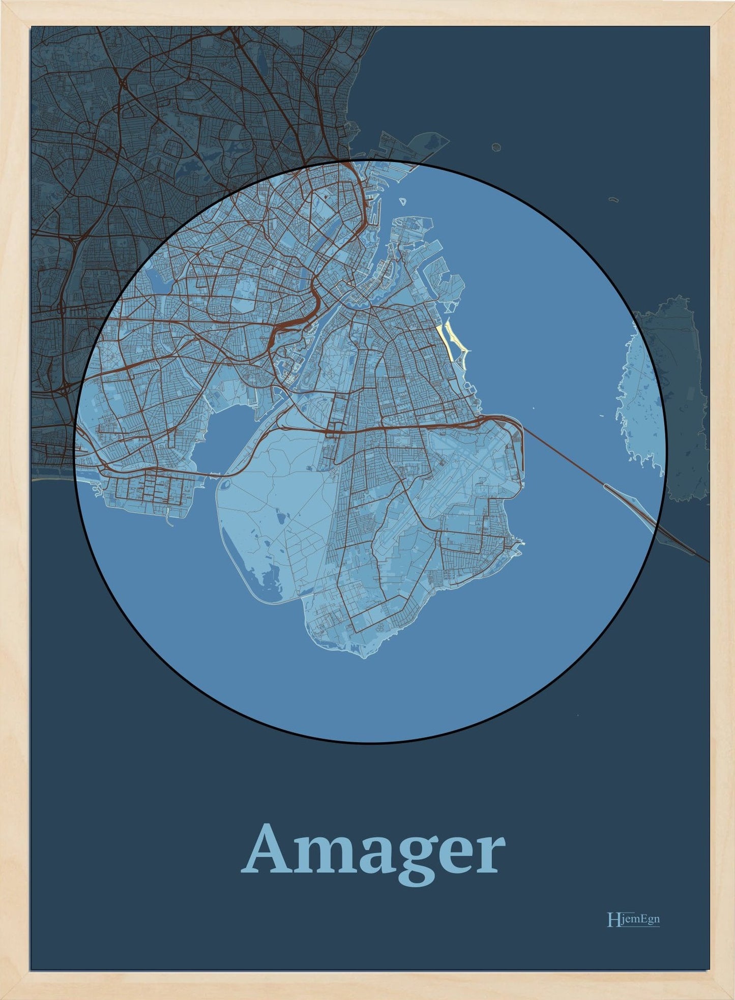 Amager plakat i farve pastel blå og HjemEgn.dk design centrum. Design ø-kort for Amager