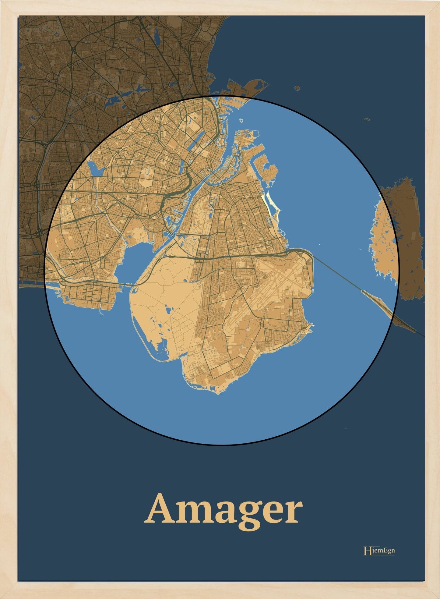 Amager plakat i farve pastel brun og HjemEgn.dk design centrum. Design ø-kort for Amager