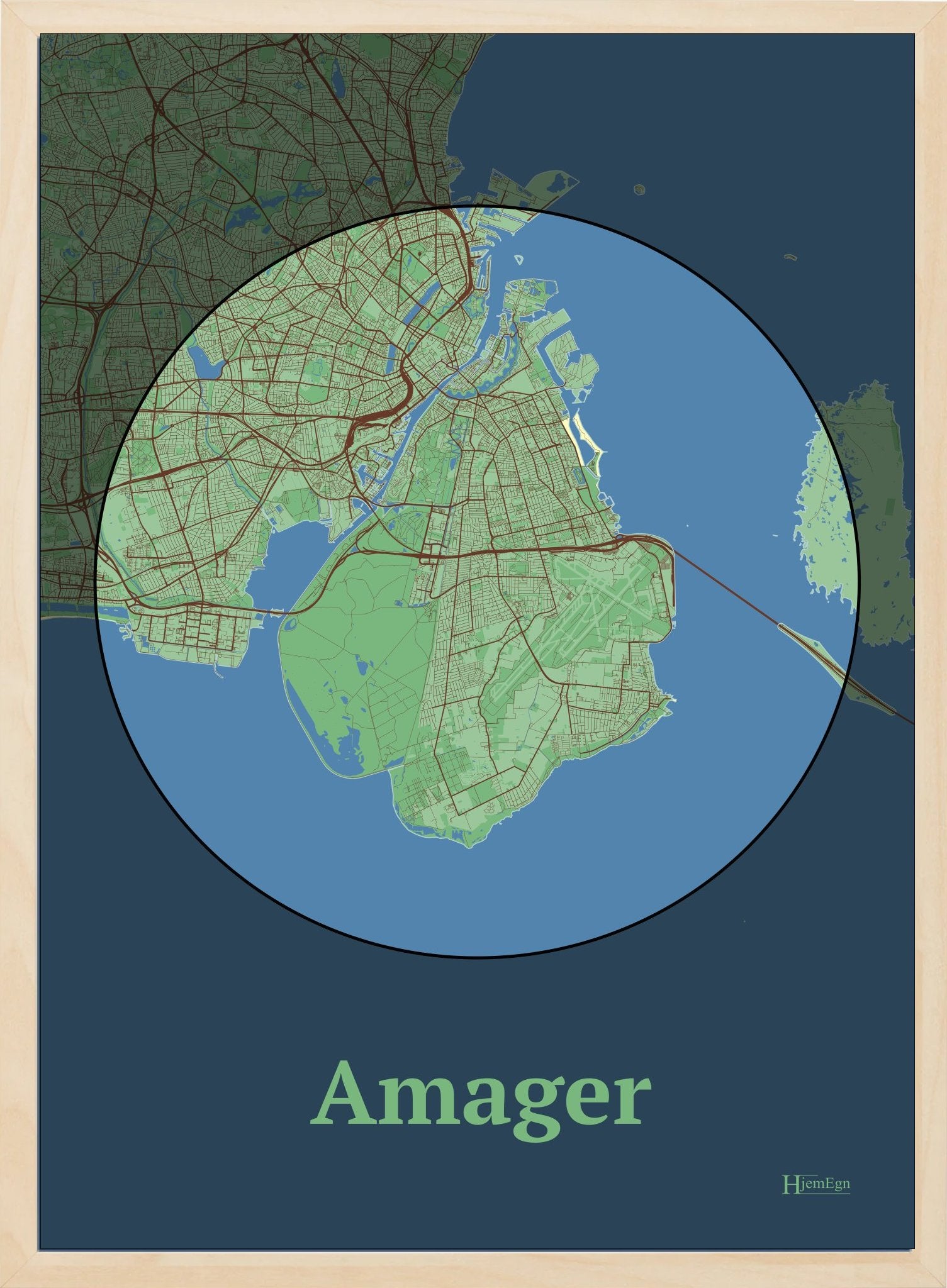 Amager plakat i farve pastel grøn og HjemEgn.dk design centrum. Design ø-kort for Amager