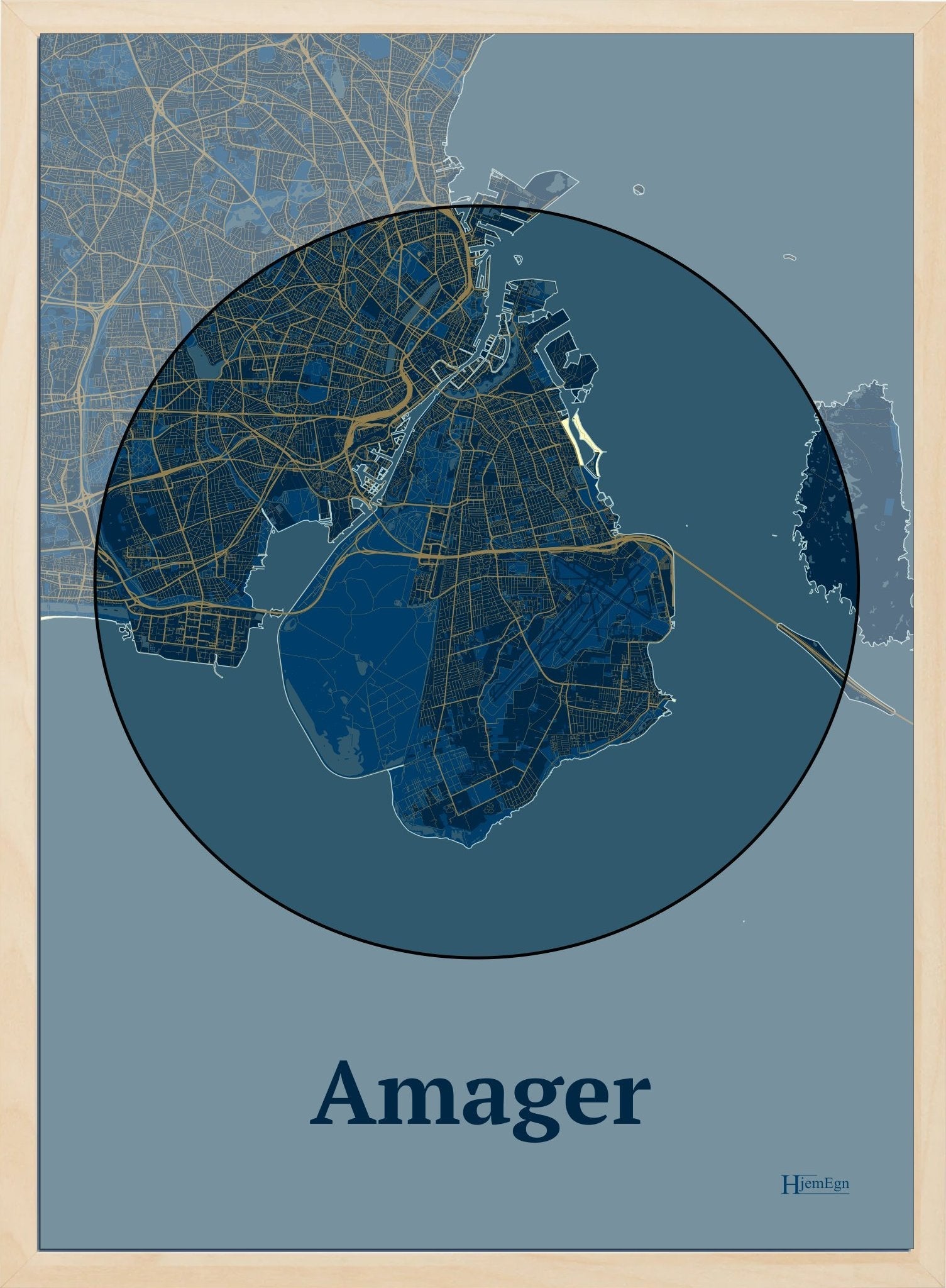 Amager plakat i farve mørk blå og HjemEgn.dk design centrum. Design ø-kort for Amager