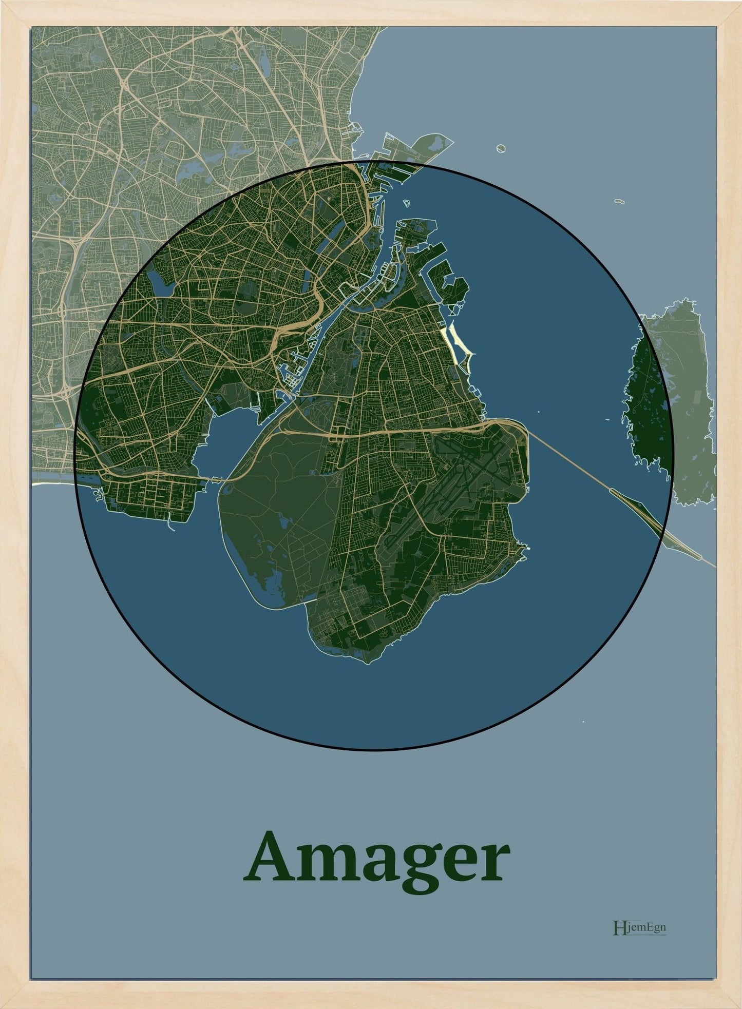 Amager plakat i farve mørk grøn og HjemEgn.dk design centrum. Design ø-kort for Amager