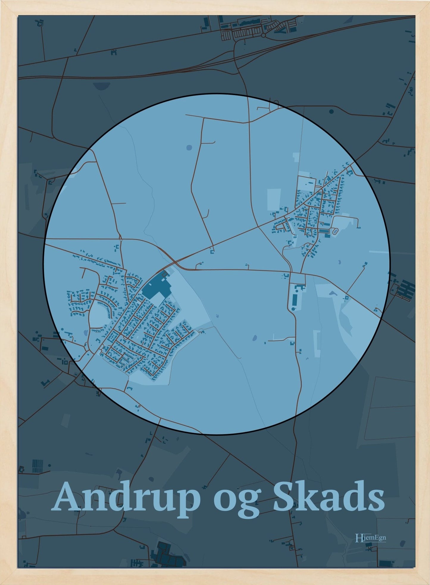 Andrup Og Skads plakat i farve pastel blå og HjemEgn.dk design centrum. Design bykort for Andrup Og Skads