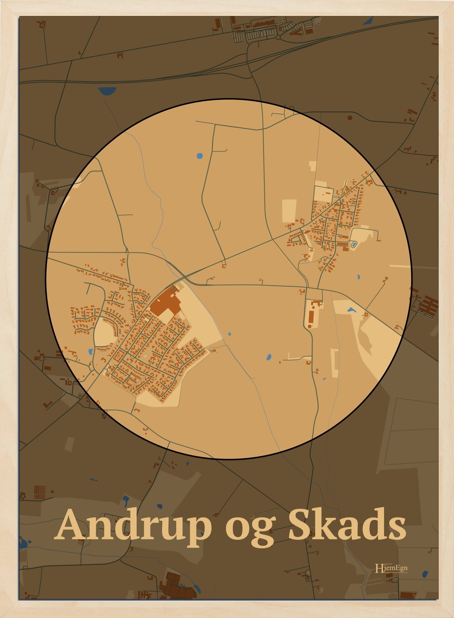 Andrup Og Skads plakat i farve pastel brun og HjemEgn.dk design centrum. Design bykort for Andrup Og Skads