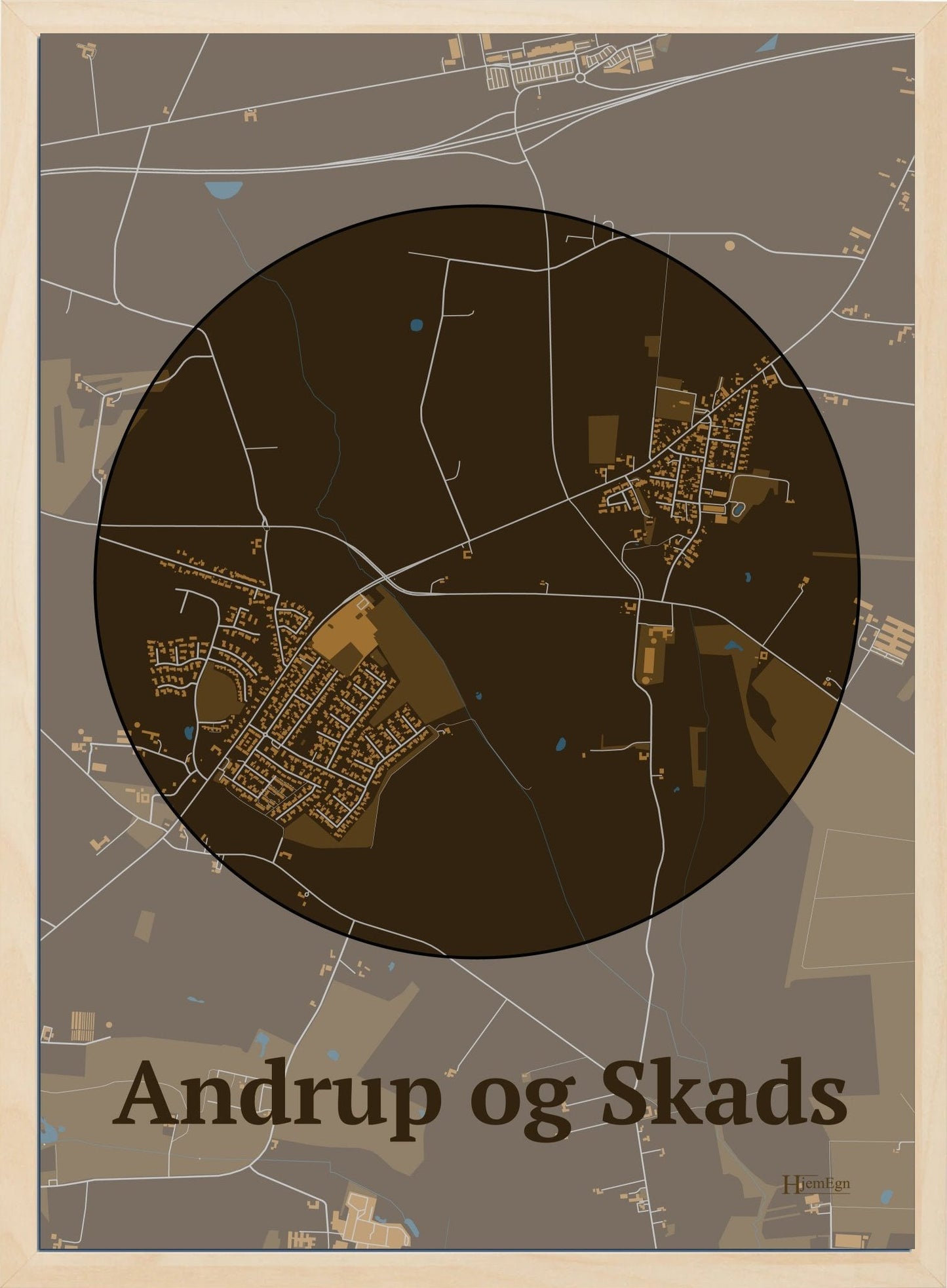 Andrup Og Skads plakat i farve mørk brun og HjemEgn.dk design centrum. Design bykort for Andrup Og Skads