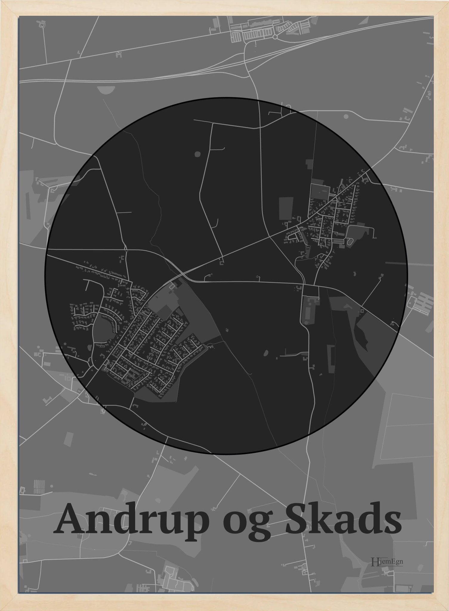 Andrup Og Skads plakat i farve mørk grå og HjemEgn.dk design centrum. Design bykort for Andrup Og Skads