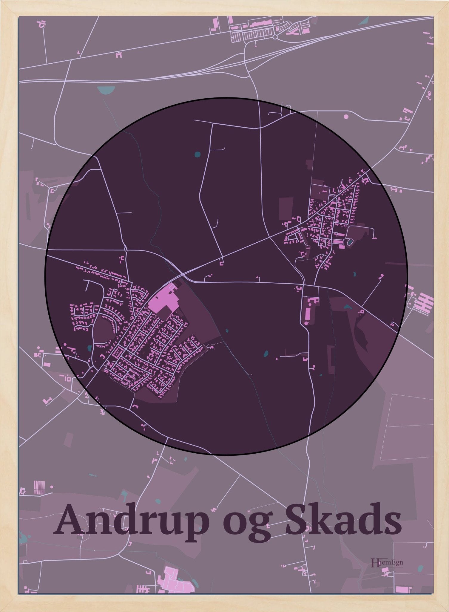Andrup Og Skads plakat i farve mørk rød og HjemEgn.dk design centrum. Design bykort for Andrup Og Skads