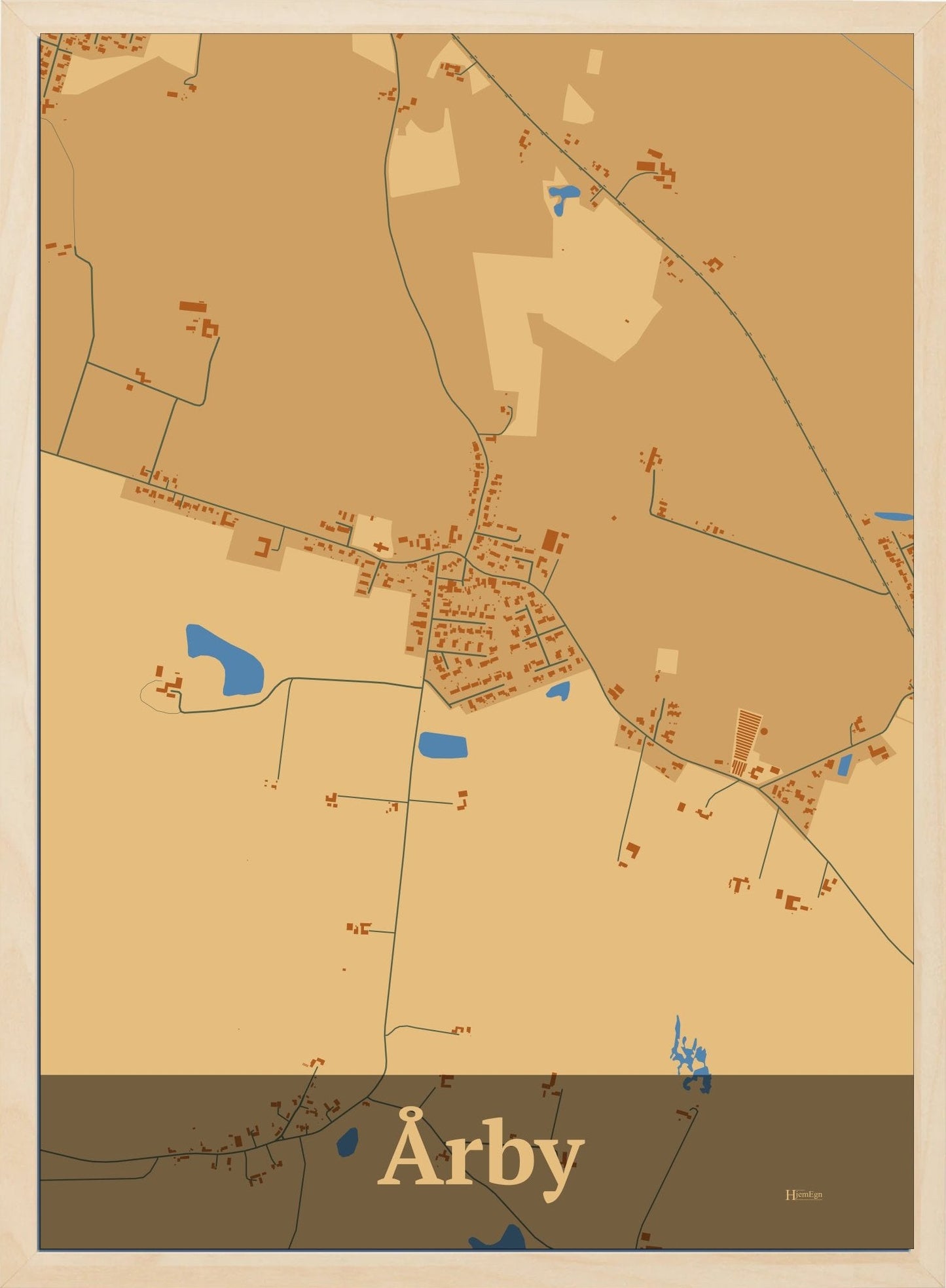 Årby plakat i farve pastel brun og HjemEgn.dk design firkantet. Design bykort for Årby