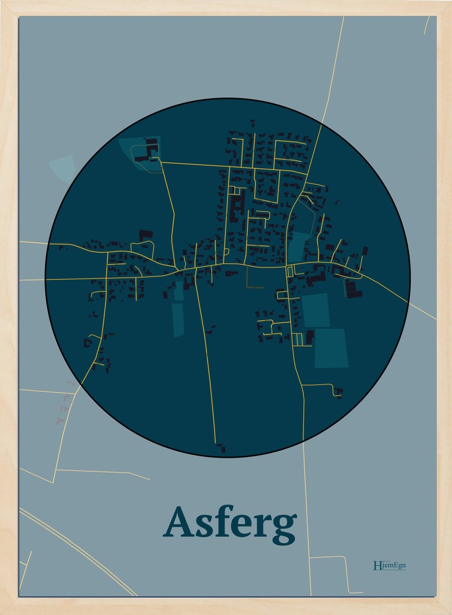Asferg plakat i farve mørk blå og HjemEgn.dk design centrum. Design bykort for Asferg