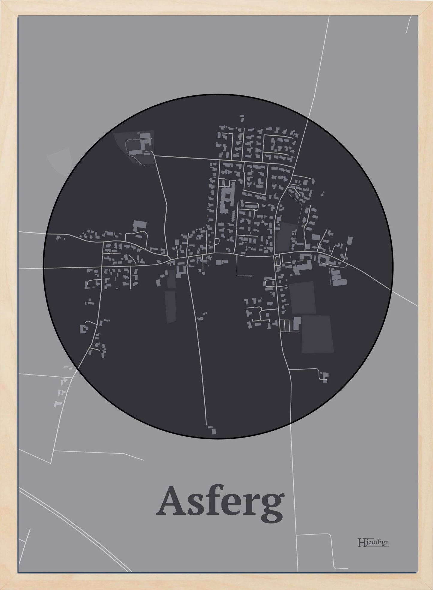 Asferg plakat i farve mørk brun og HjemEgn.dk design centrum. Design bykort for Asferg