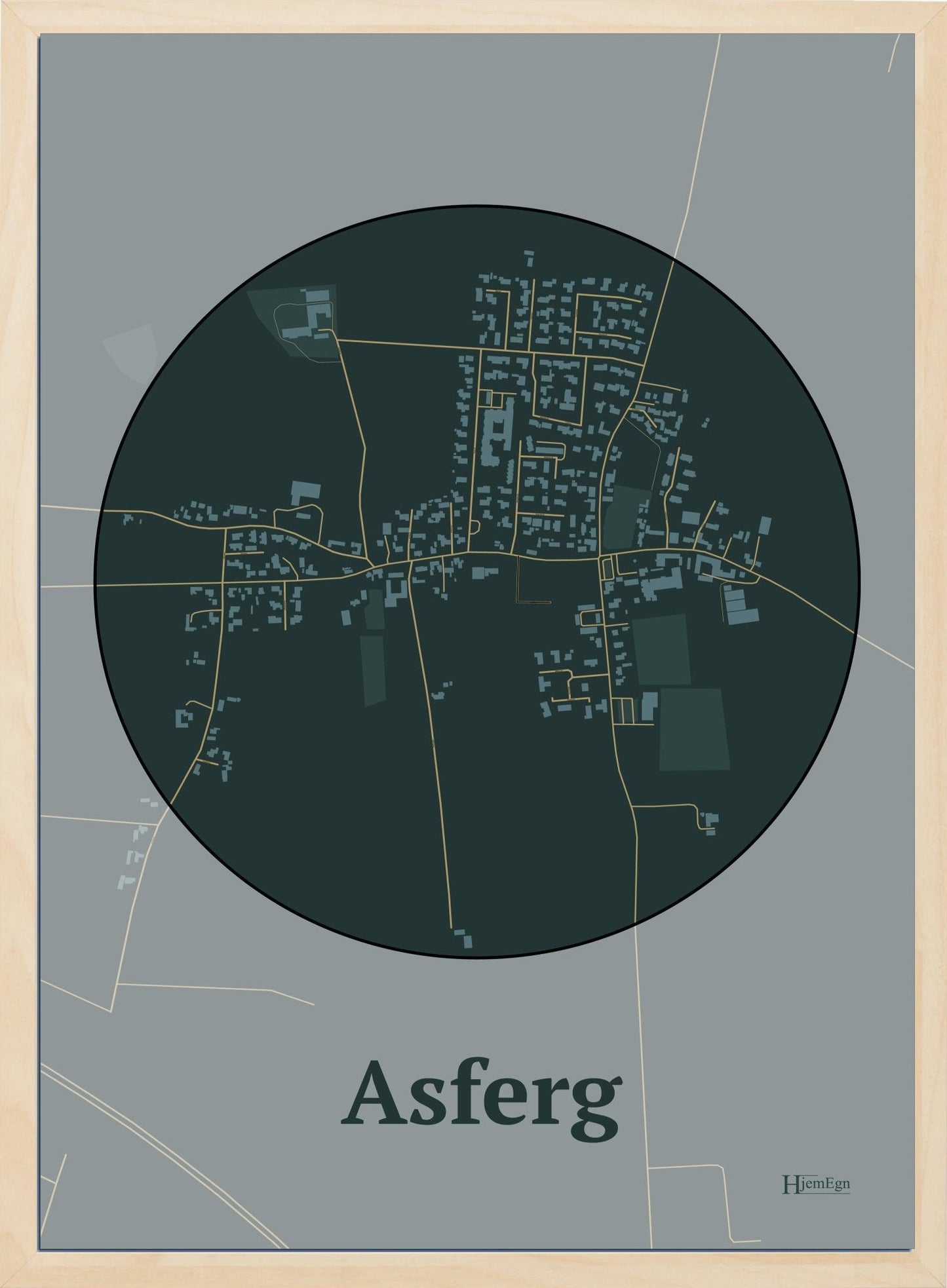 Asferg plakat i farve mørk grøn og HjemEgn.dk design centrum. Design bykort for Asferg
