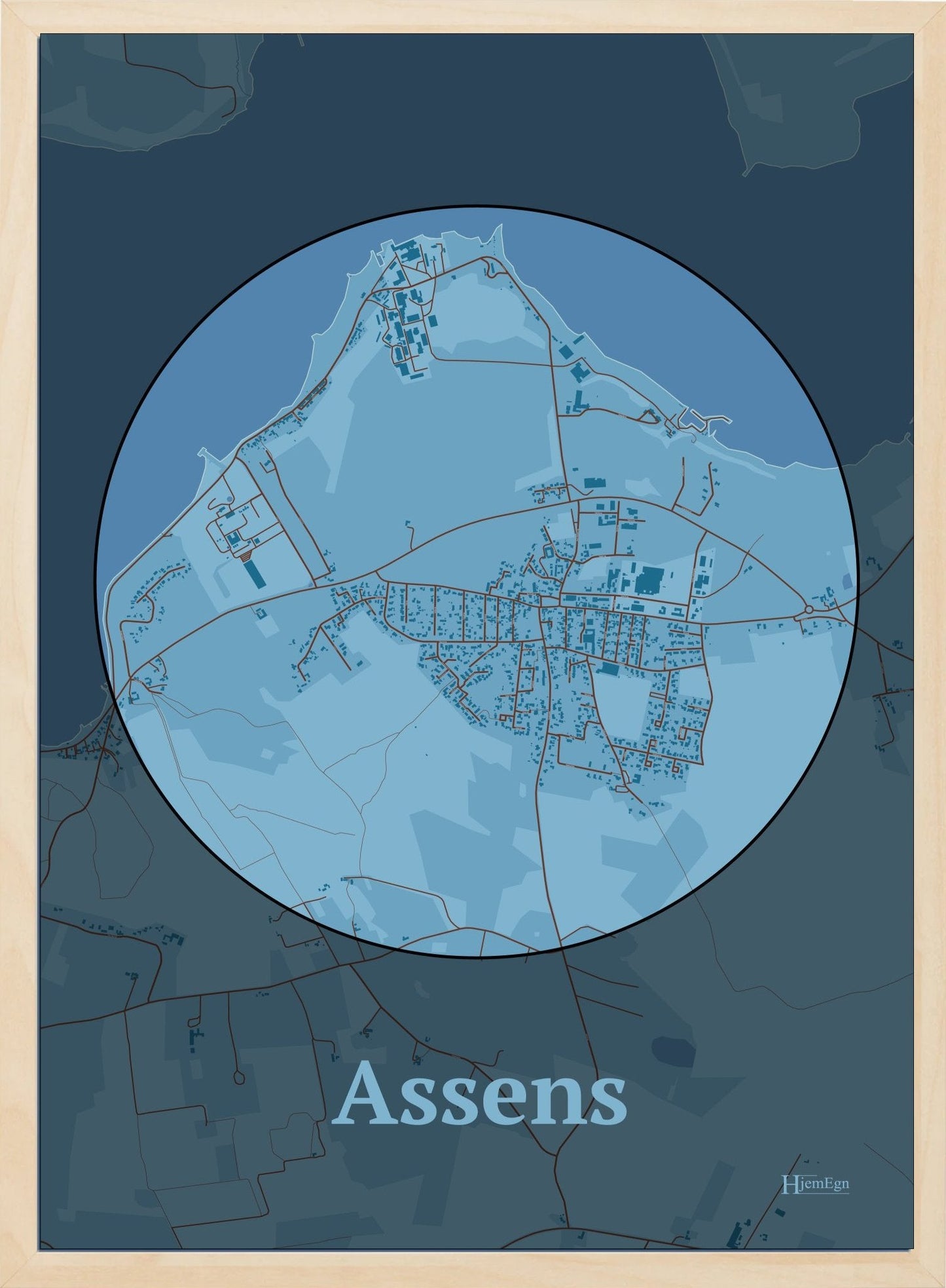 Assens plakat i farve pastel blå og HjemEgn.dk design centrum. Design bykort for Assens