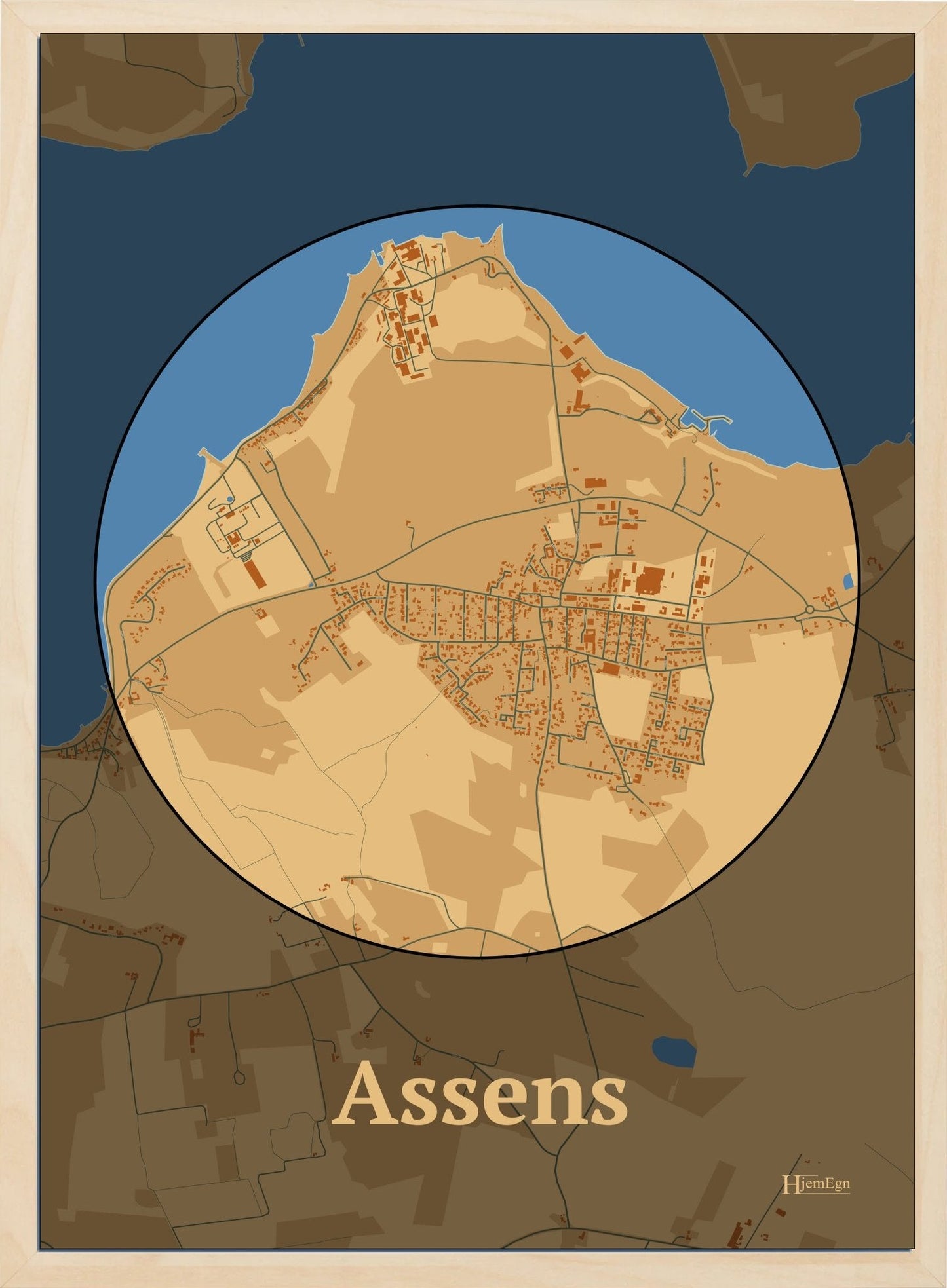 Assens plakat i farve pastel brun og HjemEgn.dk design centrum. Design bykort for Assens