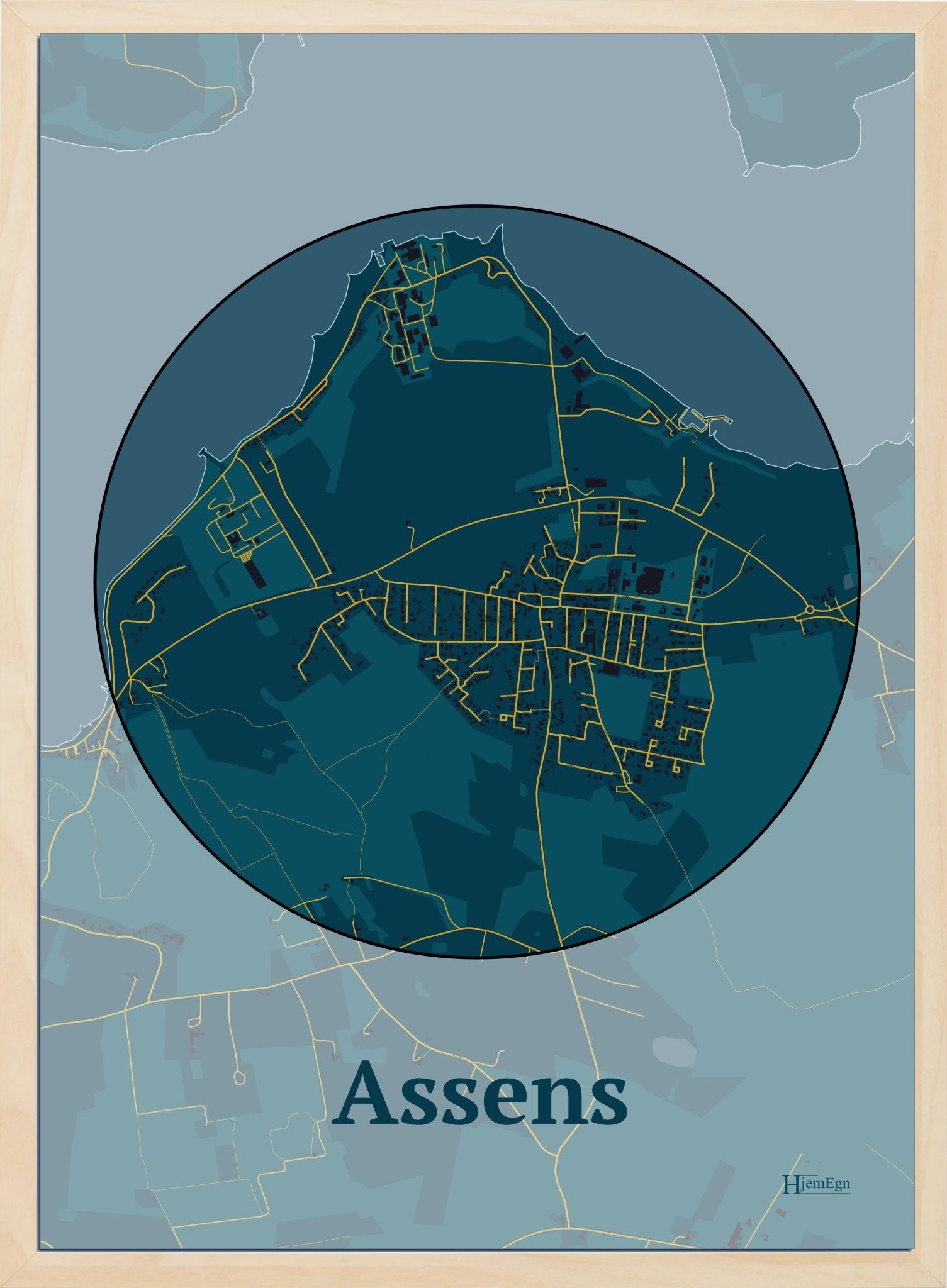 Assens plakat i farve mørk blå og HjemEgn.dk design centrum. Design bykort for Assens