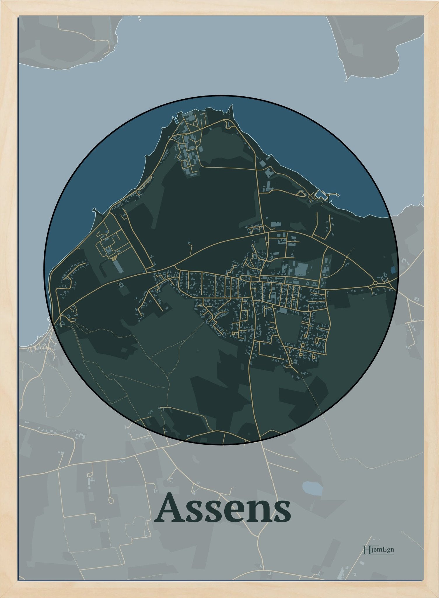 Assens plakat i farve mørk grøn og HjemEgn.dk design centrum. Design bykort for Assens