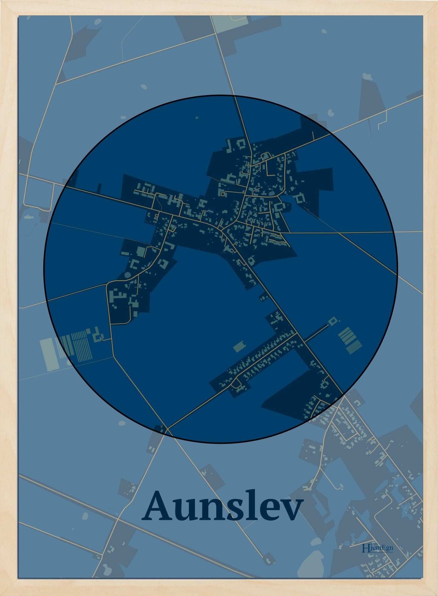 Aunslev plakat i farve mørk blå og HjemEgn.dk design centrum. Design bykort for Aunslev