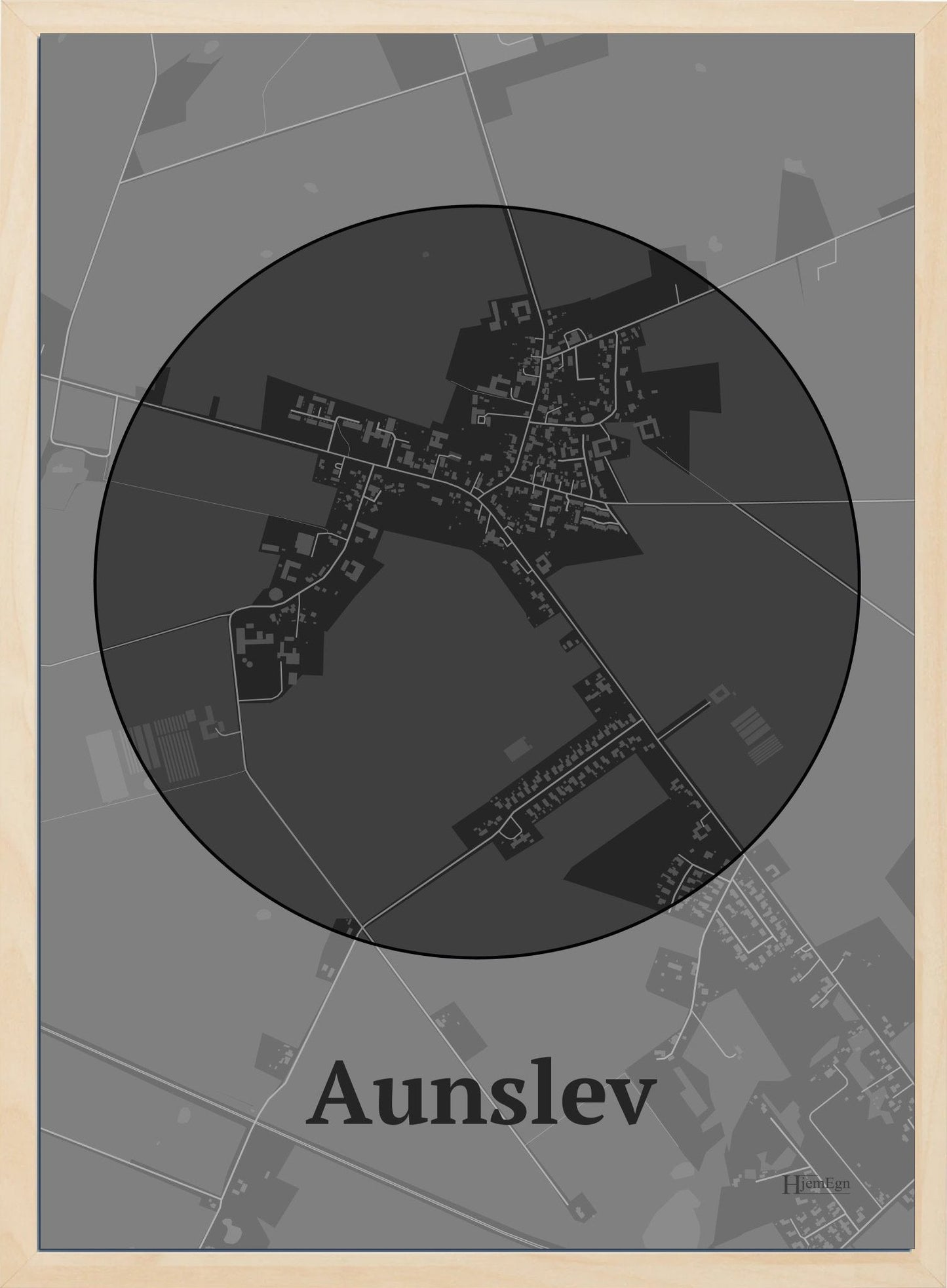 Aunslev plakat i farve mørk grå og HjemEgn.dk design centrum. Design bykort for Aunslev