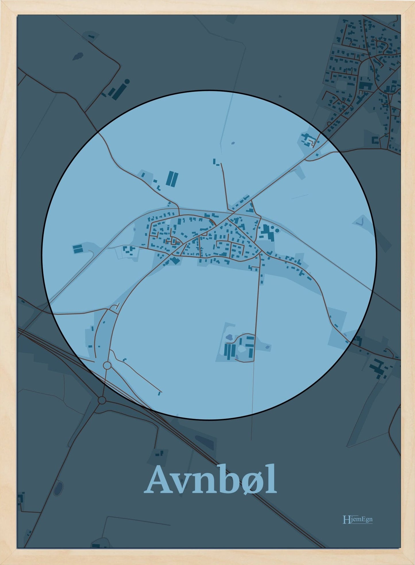 Avnbøl plakat i farve pastel blå og HjemEgn.dk design centrum. Design bykort for Avnbøl